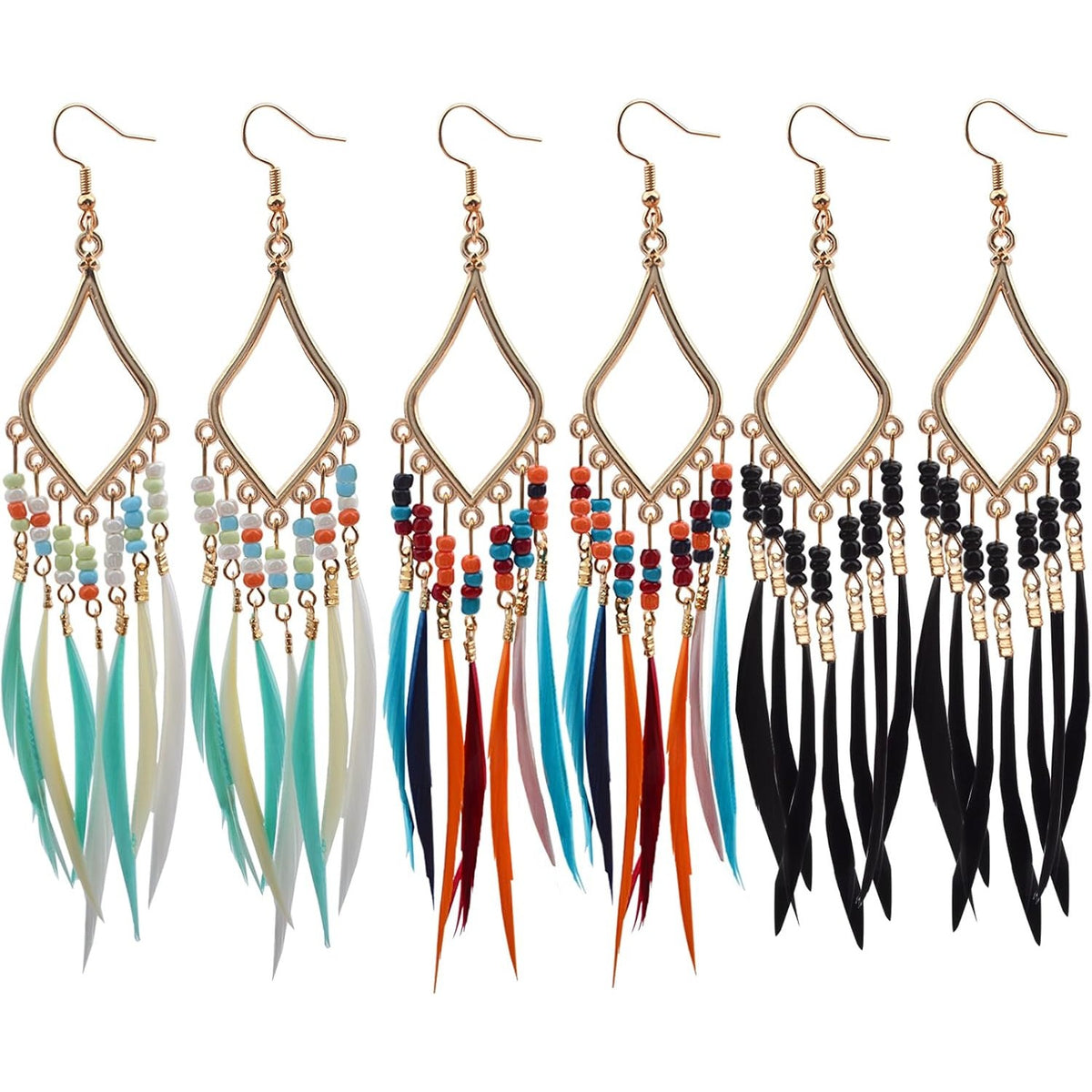 3 Pairs of Bohemian Earrings Set with Feather Tassel, Retro Boho Multicolor Long Fringe Tassels Feather Beaded Dangle Earring Hooks Jewelry for Women