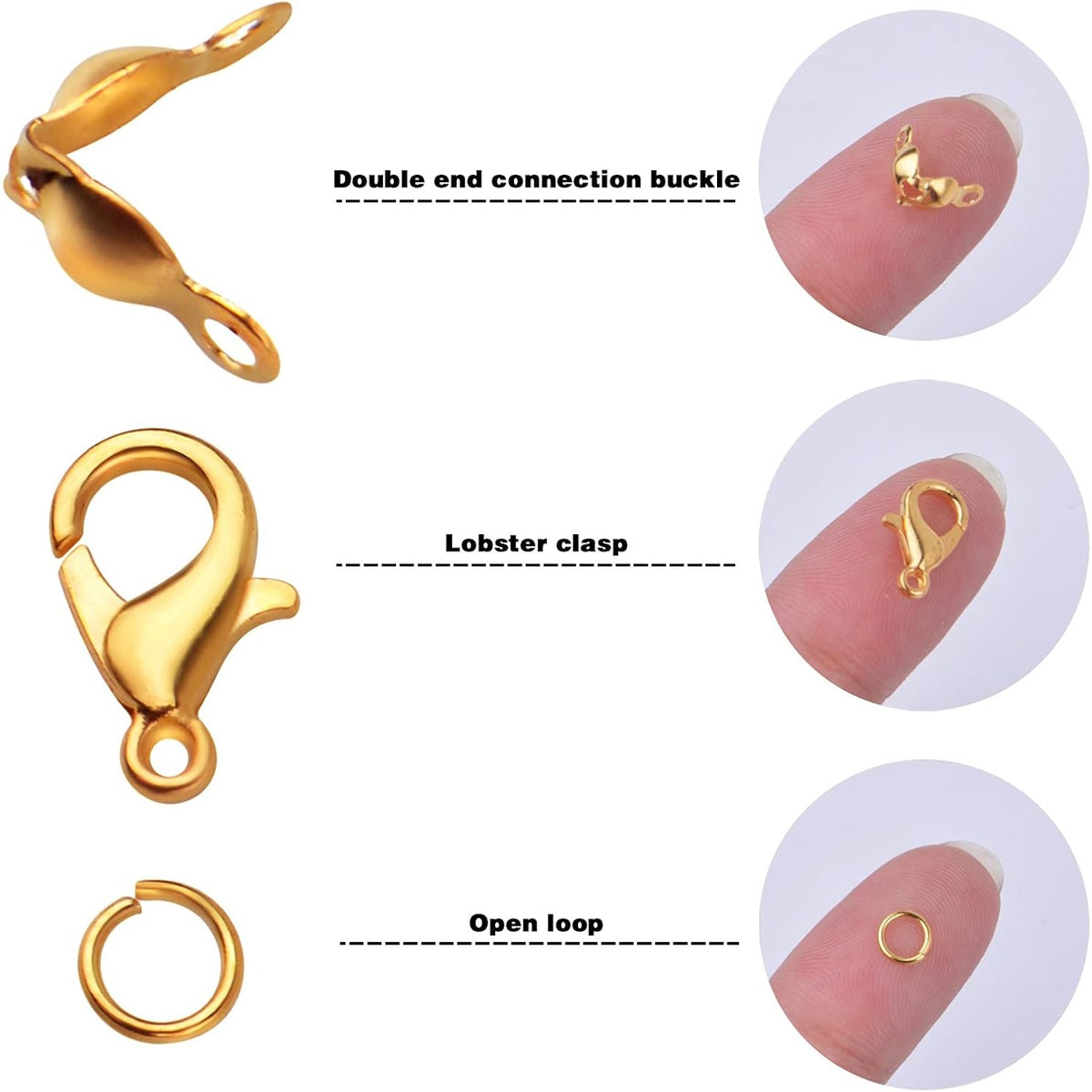 500pcs Jewelry Making Accessories Kit, 200pcs Knot Covers Clamshell Fold-Over Bead Tips 100pcs Lobster Claw Clasps and 200pcs Open Jump Rings Connectors for Jewelry Making Supplies, Gold
