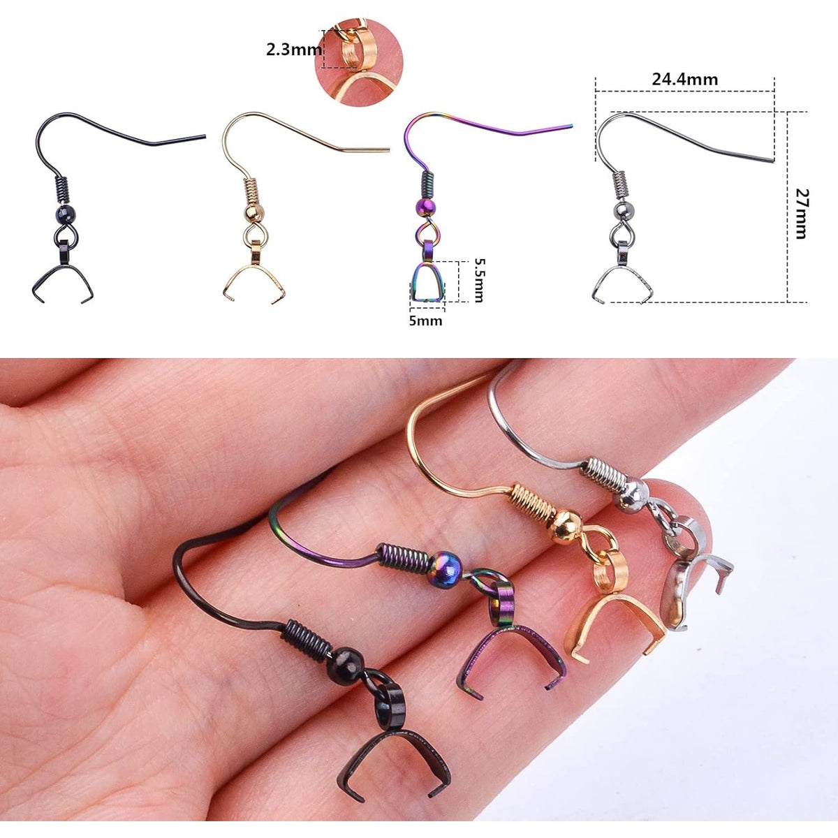 40pcs Stainless Steel Earring Hooks Hypoallergenic Earrings Hooks with Pendant Clasp Ear Wire Buckle Clasp Fish Hooks for DIY Jewelry Earrings Making Supplies, 4 Colors
