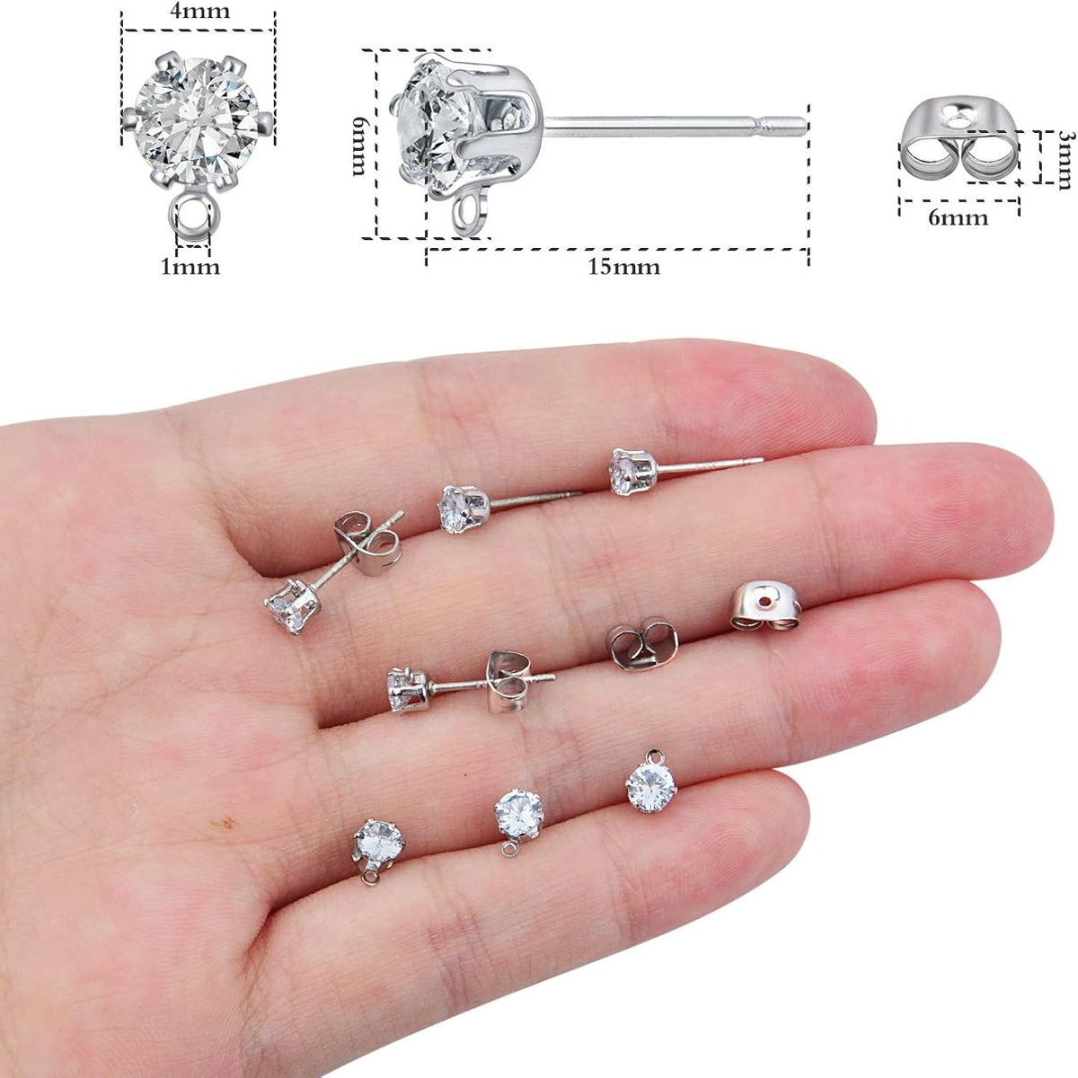 40pcs Cubic Zirconia Earring Posts with Loop Rhinestone Earring Studs and 40pcs Ear Backs Stoppers Accessories for DIY Jewelry Making Wedding Birthday Gifts