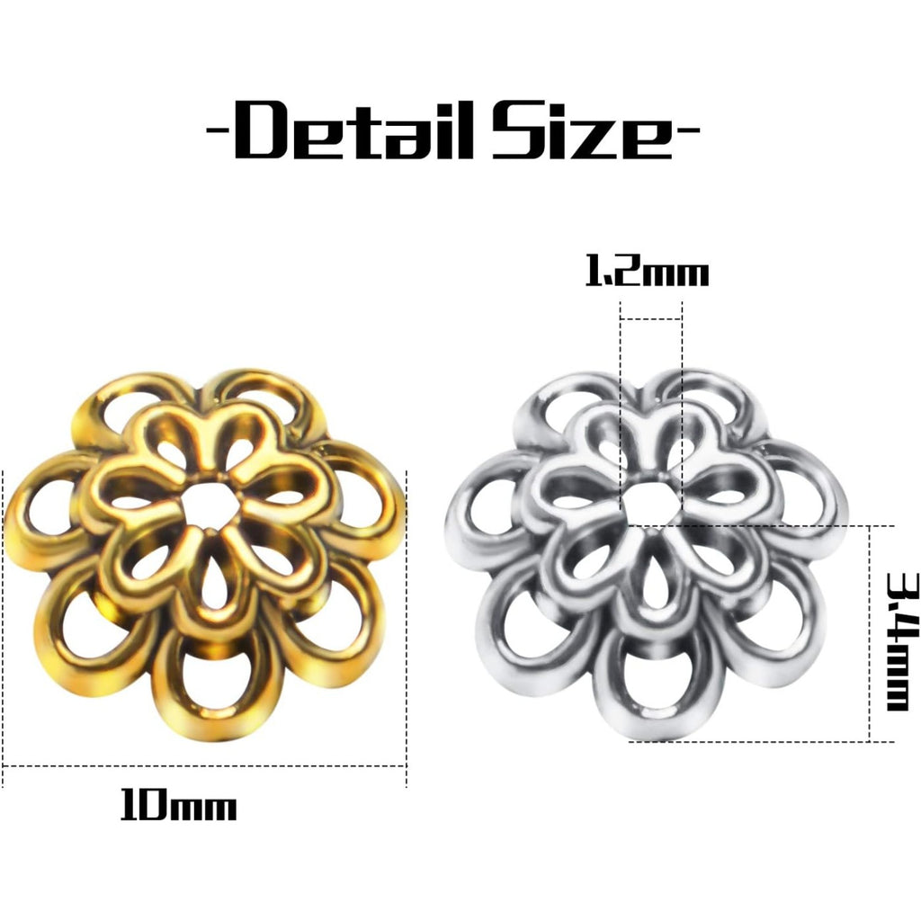 Bead Caps, 100pcs 10 mm Alloy Hollow Double Flower Bead Caps Loose Bead Spacer End Bead Caps for Bracelet Necklace Earring Crafts Making, Antique Golden and Antique Silver