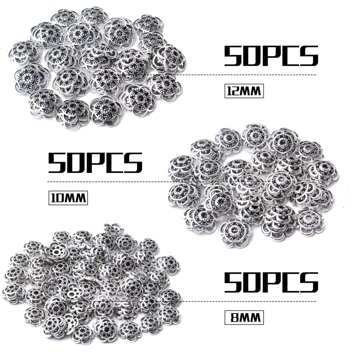 200pcs 12mm/10mm/8mm Antique Silver Flower Bead Caps Alloy Tibetan Spacer Bead Caps Bali Style Jewelry Spacer Caps for Earring Necklace Jewelry Making Supplies
