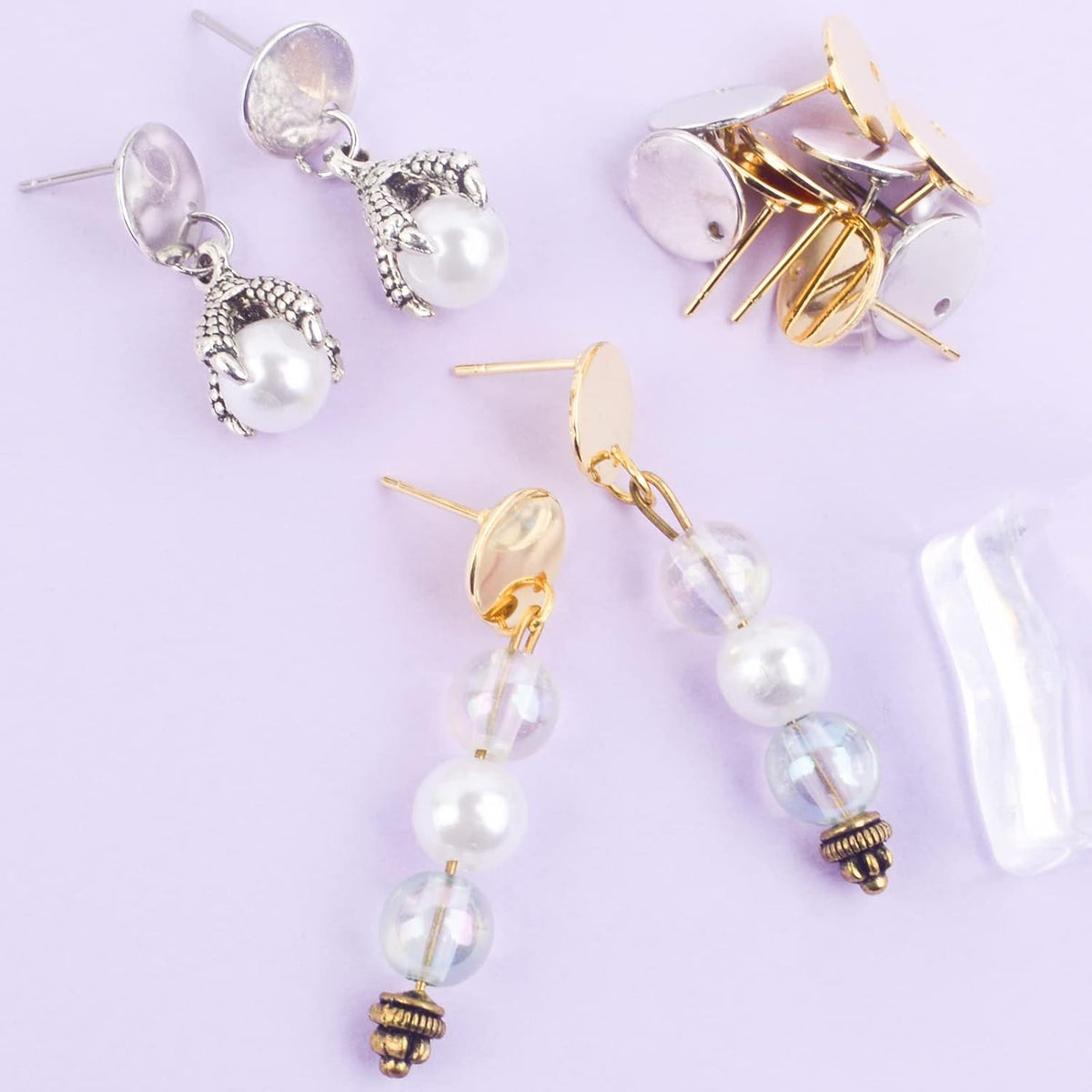 20pcs Stainless Steel Round Earring Studs Hypoallergenic Flat Earring Post with Loop and 20pcs Clear Earring Backs Stoppers for Jewelry Making, 2 Colors