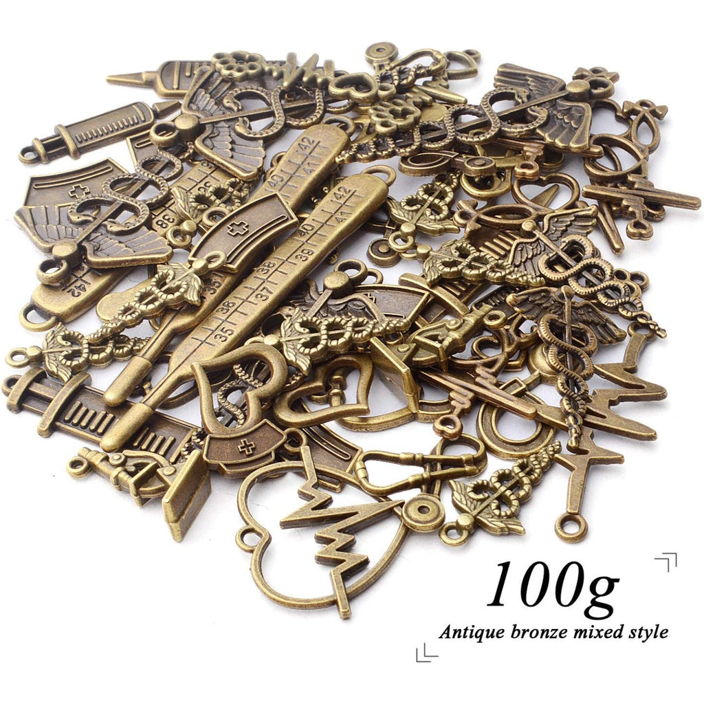 100g Craft Supplies Antique Bronze Medical Nurse Charms Alloy Stethoscope Syringe Nurse Cap Hat Charms Jewelry Medical Charm Pendants for DIY Necklace Bracelet Jewelry Accessory