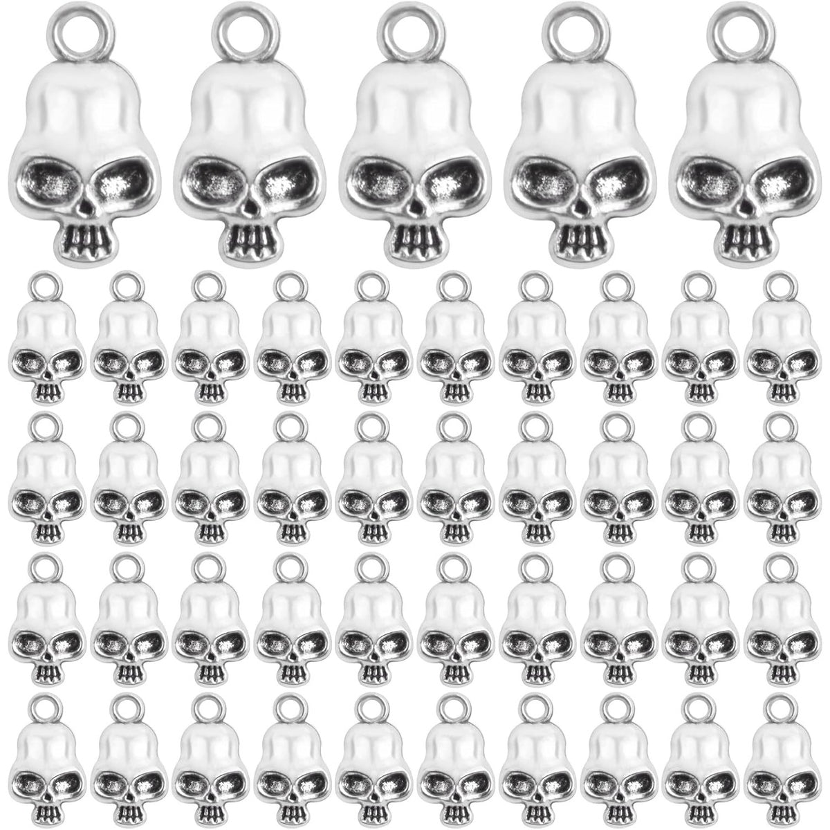 100pcs Antique Silver Skull Head Charms Vintage Alloy Skeleton Skull Head Dangle Pendants Craft Supplies for DIY Jewelry Making Halloween Home Party Décor