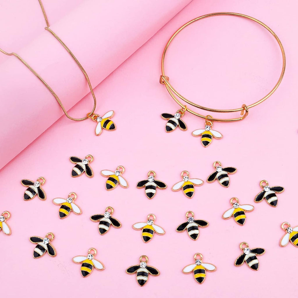 24pcs Alloy Enamel Bee Charms Cute Animal Honeybee Insect Pendant Charms with Rhinestone for DIY Necklace Bracelet Earrings Jewelry Making Decor, Yellow and White