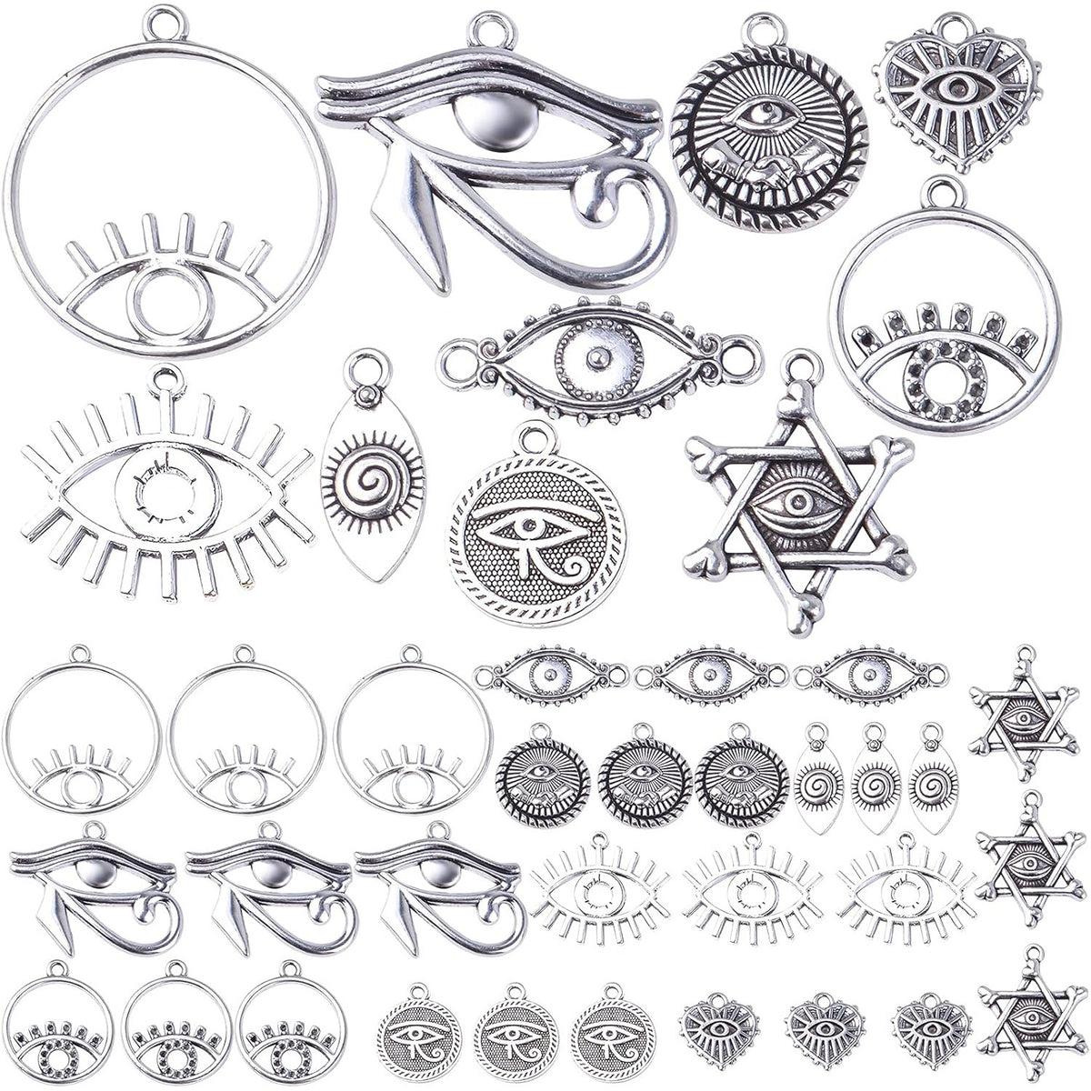 60pcs Antique Silver Eye of Horus Charms Tibetan Alloy Vintage Dangle Pendants Jewelry Making Accessories for DIY Earrings Necklace Bracelet Crafts Supplies, 10 Styles