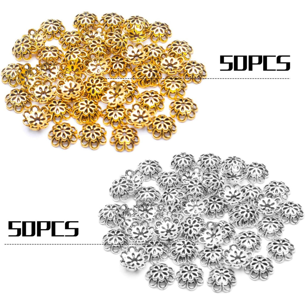 Bead Caps, 100pcs 10 mm Alloy Hollow Double Flower Bead Caps Loose Bead Spacer End Bead Caps for Bracelet Necklace Earring Crafts Making, Antique Golden and Antique Silver