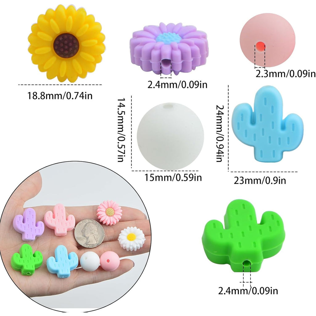36Pcs Daisy Silicone Beads Cute Cactus Flower Focal Loose Round Spacer Beads Bulk for Summer Necklaces Bracelets Keychain DIY Jewelry Making Crafts