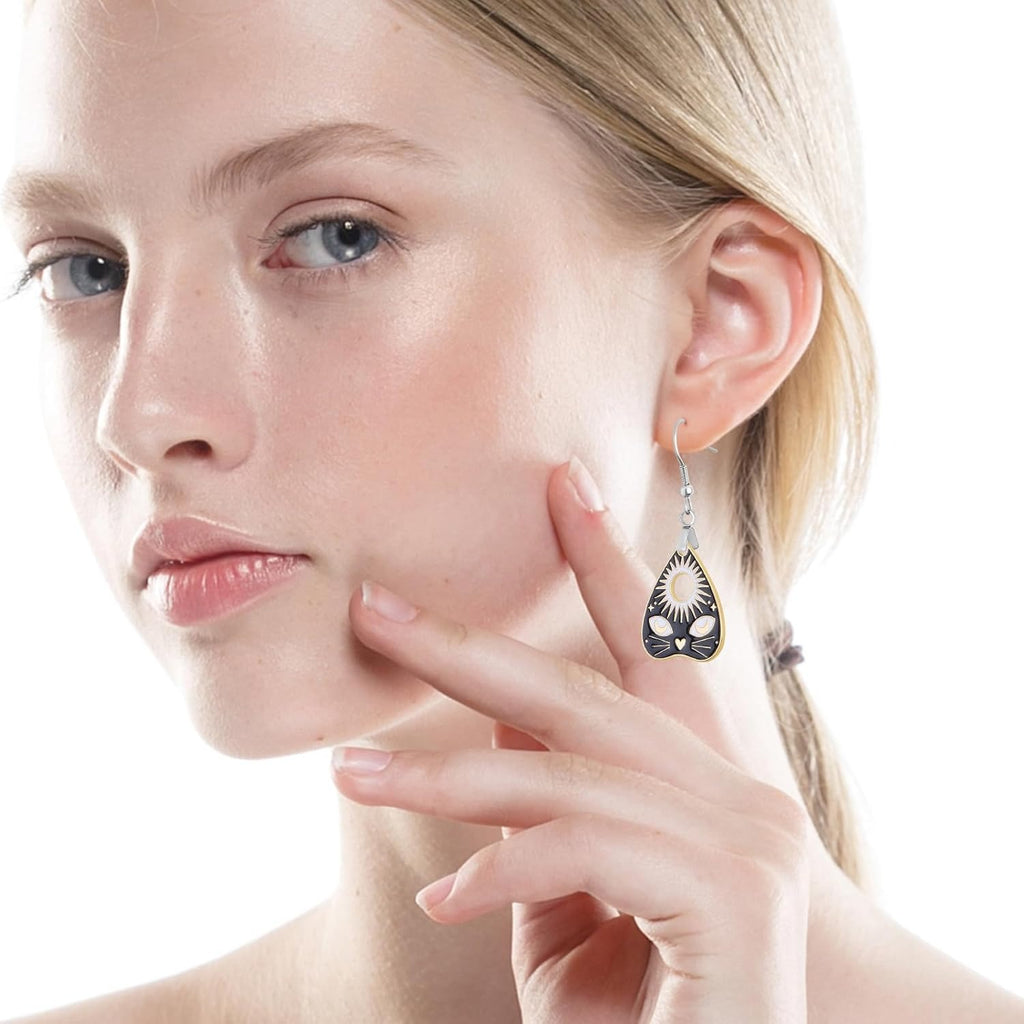 4 Styles Alloy Love Heart Gothic Style Cat Charms Black White Enamel Cute Heart Kitty Sun Eye Pendants and 8pcs Silver Earring Hooks with Pendant Clasps for DIY Earrings Jewelry Making