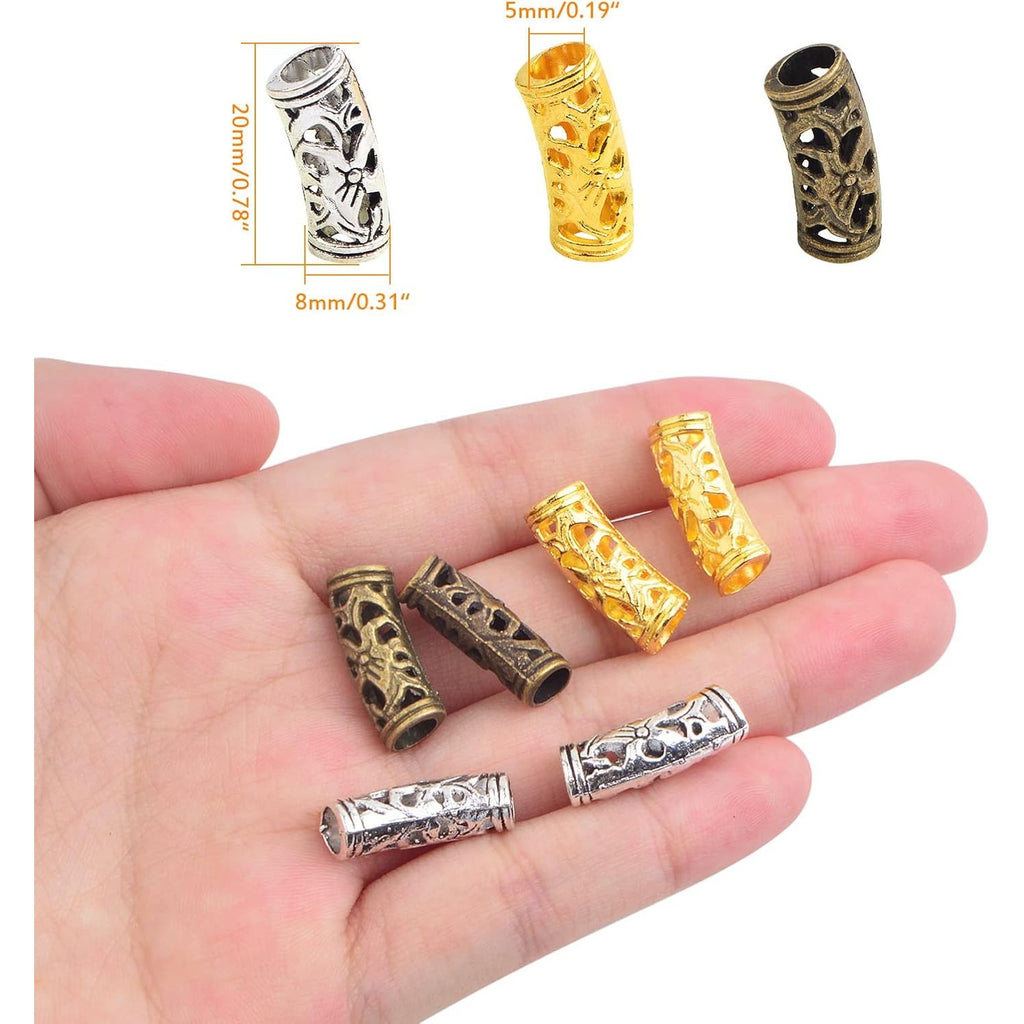 60pcs Tibetan Hollow Column Spacer Beads Alloy Large Hole Long Curved Tube Slide Loose Beads for DIY European Charms Jewelry Making Findings, 3 Colors, Hole: 5 mm