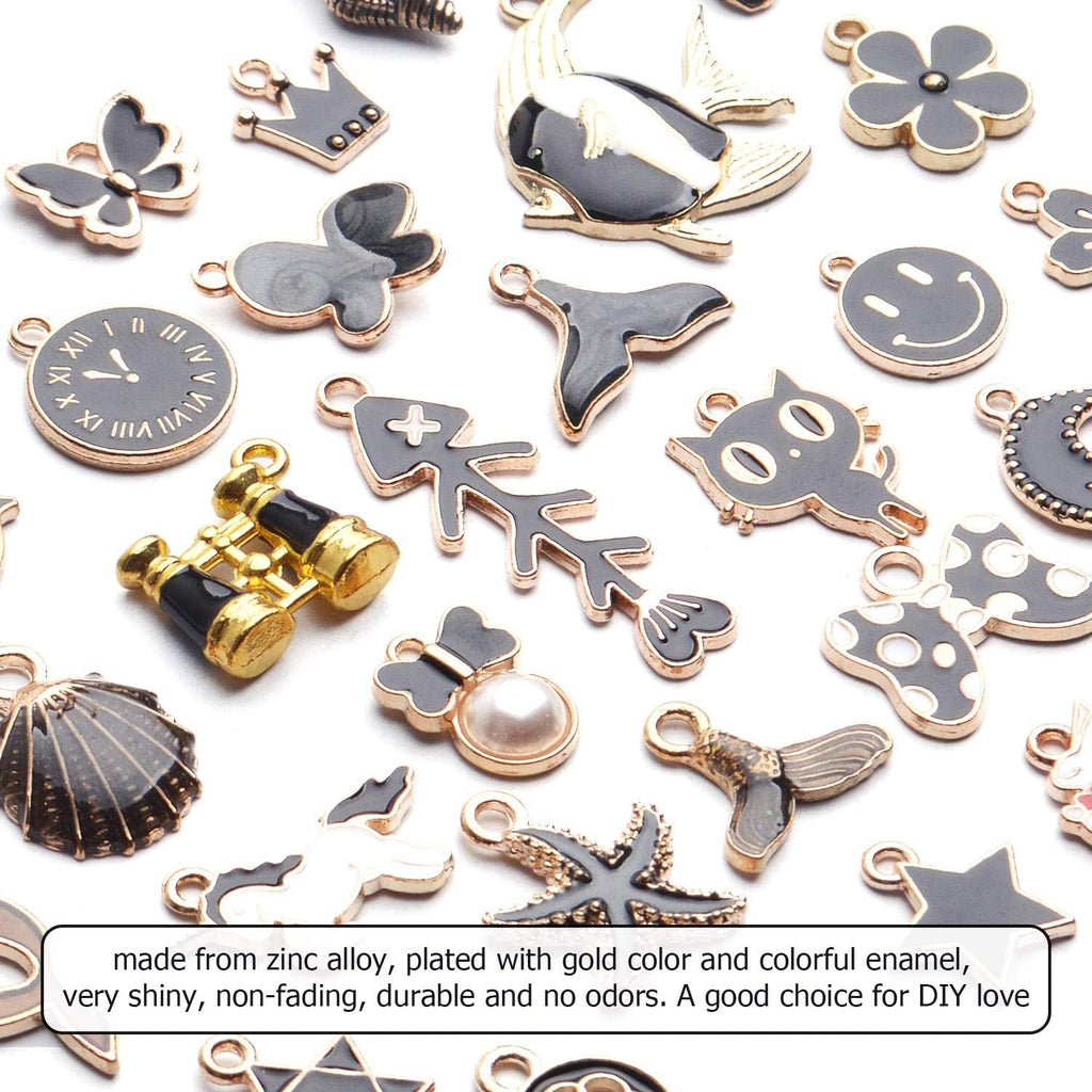 Black Enamel Charms,31pcs Gold Plated Enamel Charms Mixed Flower Star Cat Fish Pendants Jewelry Making Accessories for Necklace Bracelet Earrings