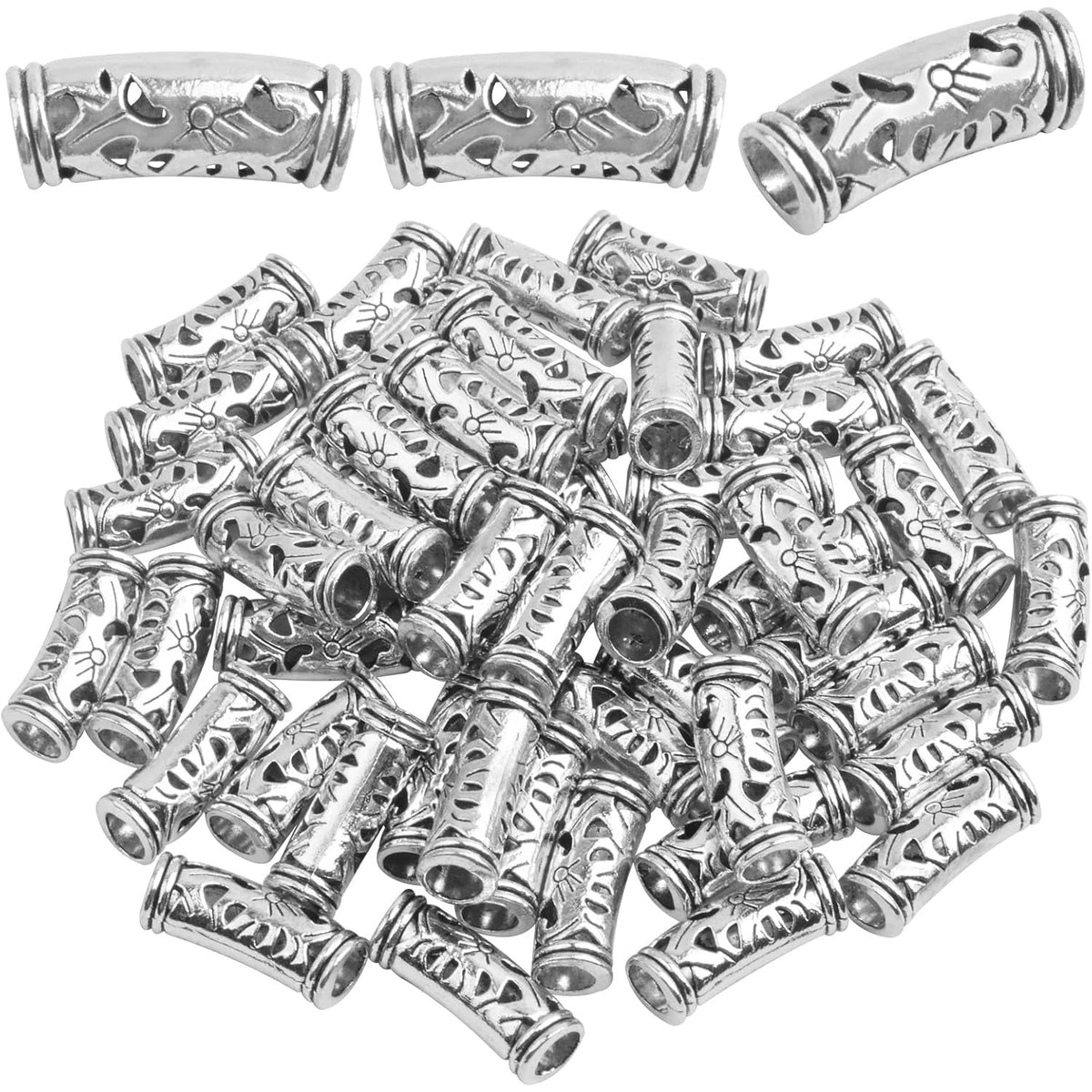 50pcs Antique Silver Hollow Curved Tube Spacer Beads Tibetan Alloy Large Hole Long Tube Loose Beads Slide for European Charms Leather Cord Jewelry Making, Hole: 5 mm