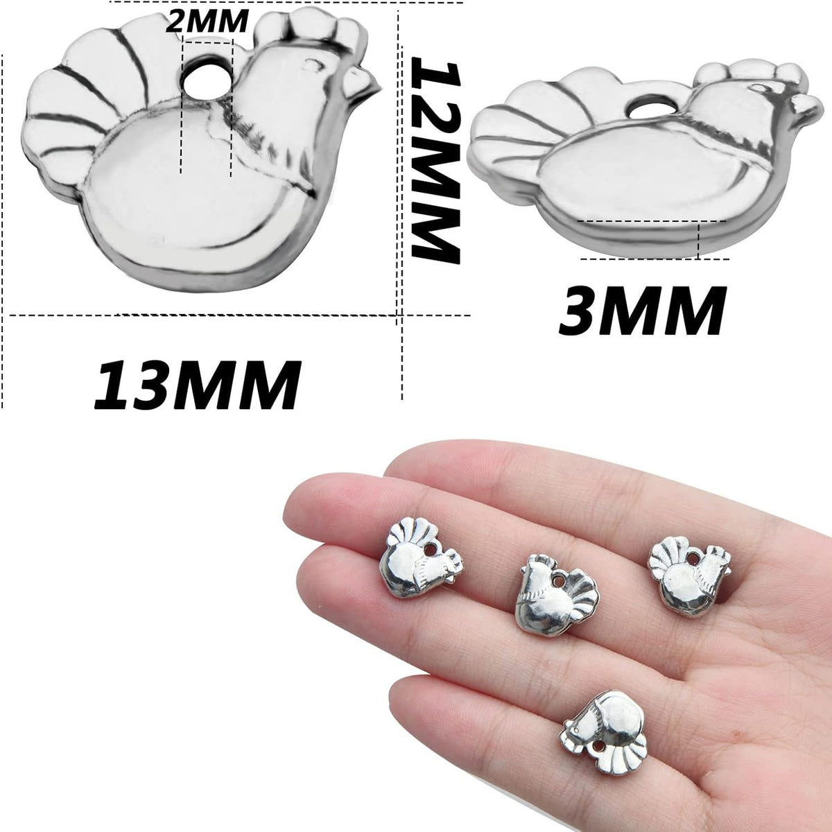 50pcs Antique Silver Chicken Rooster Charms Tibetan Alloy Easter Chicken Animal Pendants Charms Jewelry Making Accessory for DIY Bracelets Necklaces, 13.2 mm x 12 mm