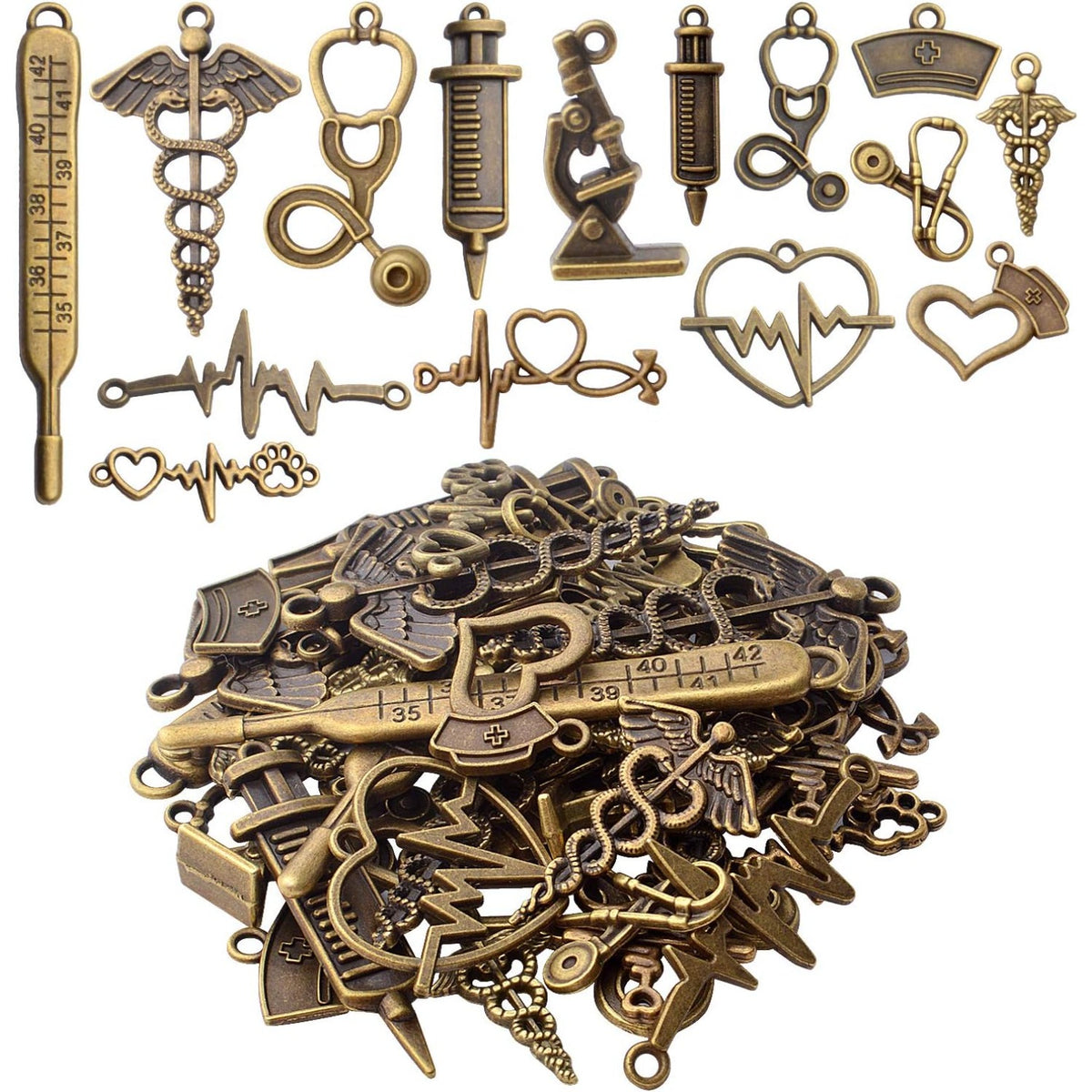 100g Craft Supplies Antique Bronze Medical Nurse Charms Alloy Stethoscope Syringe Nurse Cap Hat Charms Jewelry Medical Charm Pendants for DIY Necklace Bracelet Jewelry Accessory