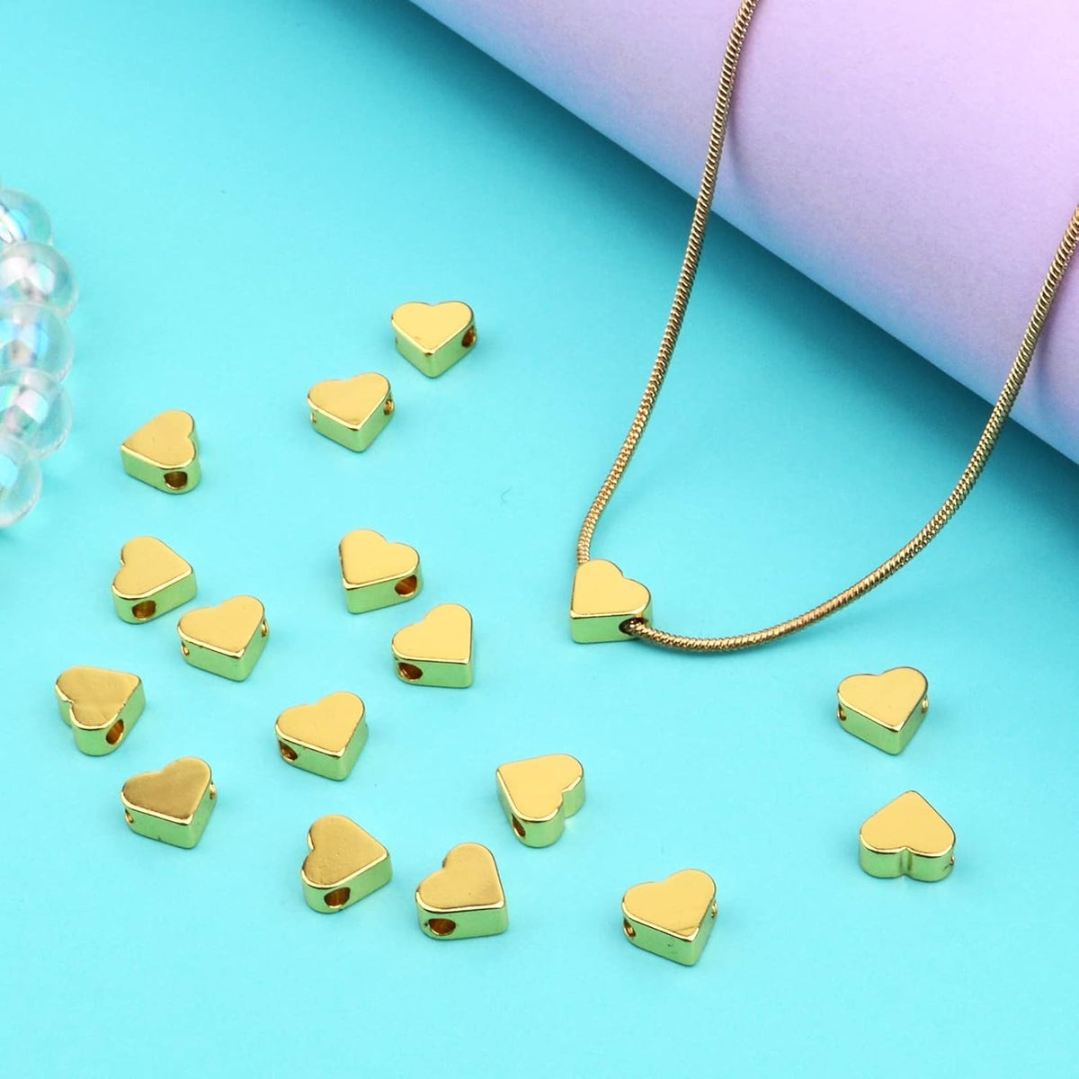 100pcs Golden Plated Heart Beads Alloy Love Heart Charm Spacer Beads Handmade Loose Beads for DIY Necklace Bracelet Crafts Jewelry Making,7x6mm,Hole:2mm