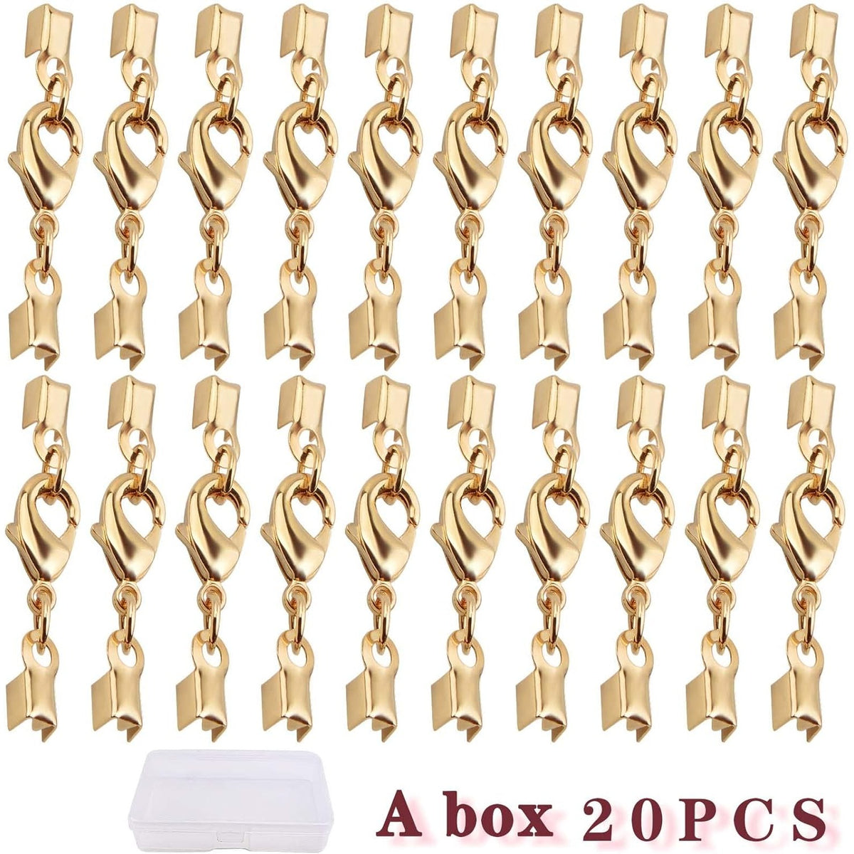 20pcs Golden Lobster Claw Clasps with Cord Ends Metal Leather Cord End Caps Fold Over Crimp End Tips Connector with a Plastic Box for DIY Necklace Bracelets Jewelry Making