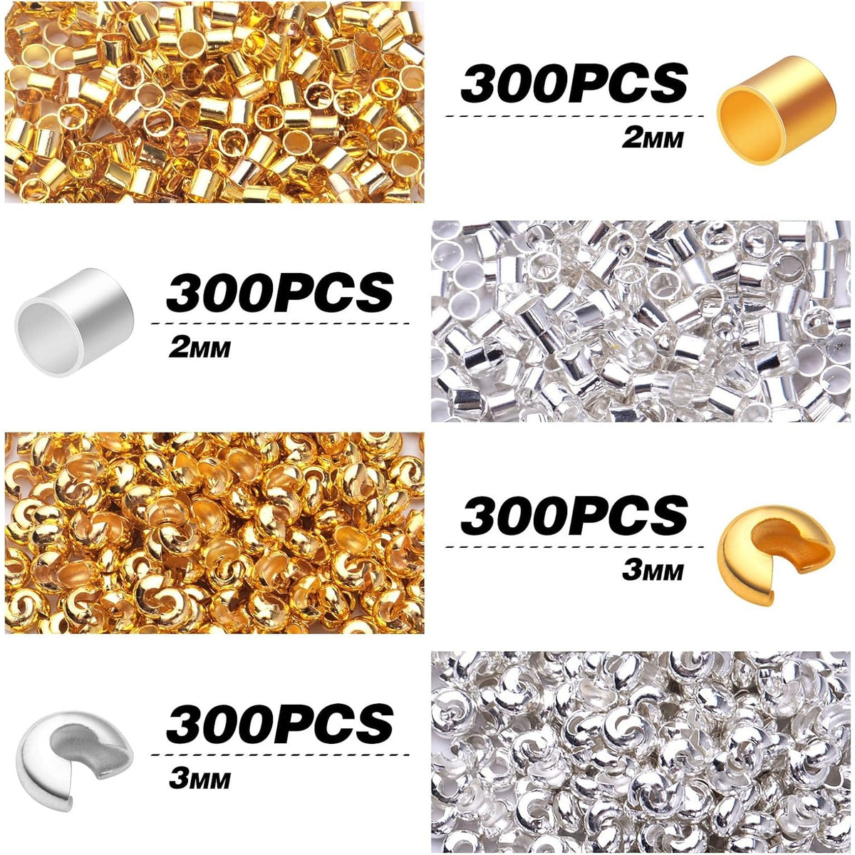 1200pcs 2mm Tube Crimp Beads and 3mm Crimp Bead Knot Covers Brass Cord End Tube Caps Half Round Open Crimp Beads for DIY Craft Necklace Bracelet Jewelry Making, 2 Colors