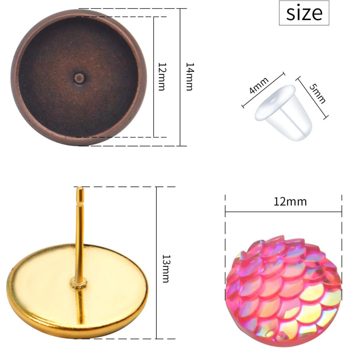 Cabochon Earring Setting, 24 Pieces Stainless Steel Bezel Stud Blanks and and 100 Pieces Fish Scale Glass Cabochons 24 Pieces Bullet Earring Backs for Earring Making