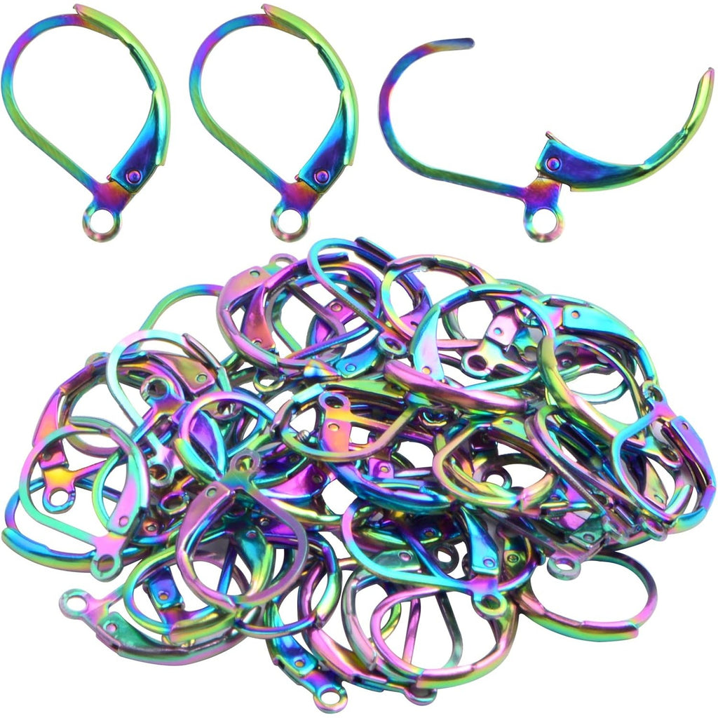 50pcs Stainless Steel Leverback Earring Hooks Hypoallergenic D Shape French Earwire Hooks Dangle Earring Findings for DIY Jewelry Making Supplies, Rainbow Color