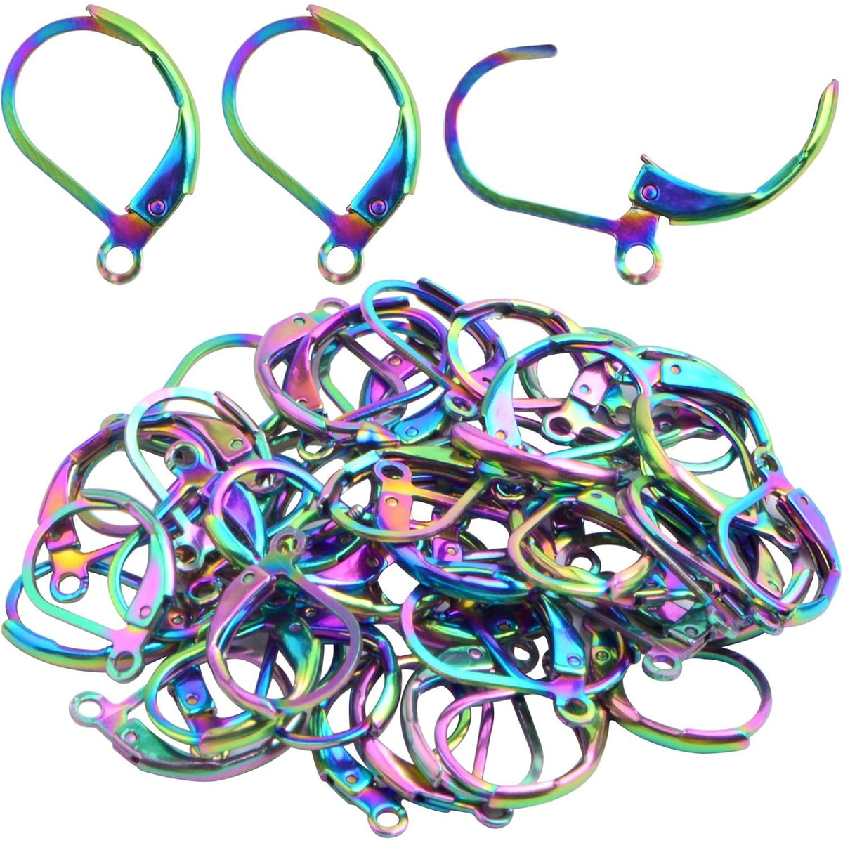 50pcs Stainless Steel Leverback Earring Hooks Hypoallergenic D Shape French Earwire Hooks Dangle Earring Findings for DIY Jewelry Making Supplies, Rainbow Color