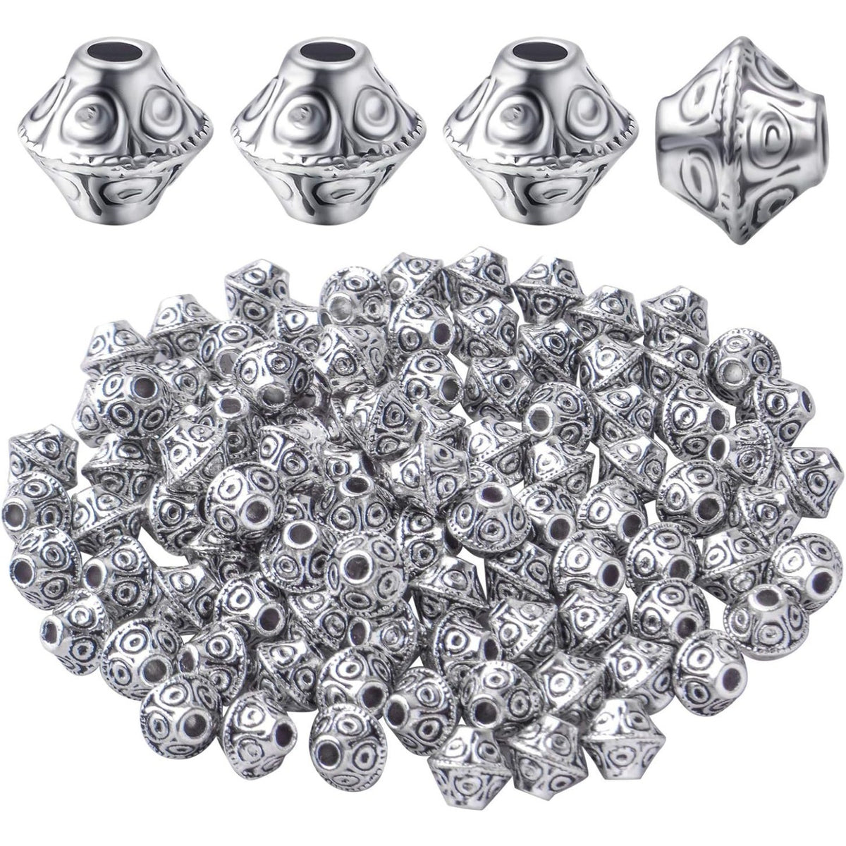 100pcs Antique Silver Flying Saucer Shape Spacer Bead Tibetan Alloy Bicone Beads Spacers Loose Spacers Jewelry Spacer Bead for DIY Jewelry Making Crafts Supplies