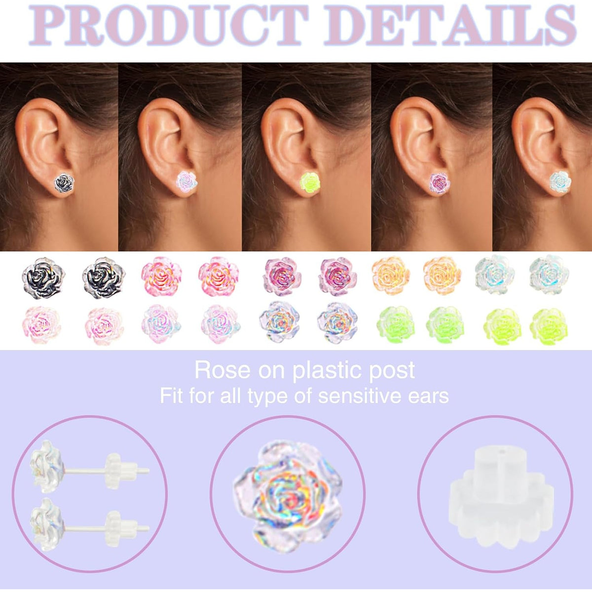 10 Pairs 8 mm 3D Plastic Resin Rose Stud Earrings Transparent Illusion Colored Earring Posts with Clear Earring Backs for Women Teens Sensitive Ears Sports Party Replacement