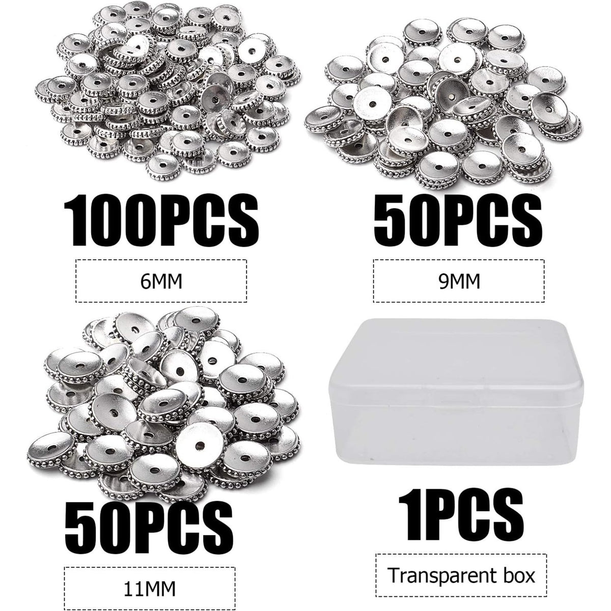 200pcs Tibetan Antique Silver Flat Round Spacer Beads Rondelle Bead Spacers Charms Spacer Loose Beads with A Box for Jewelry Making Crafts Supplies
