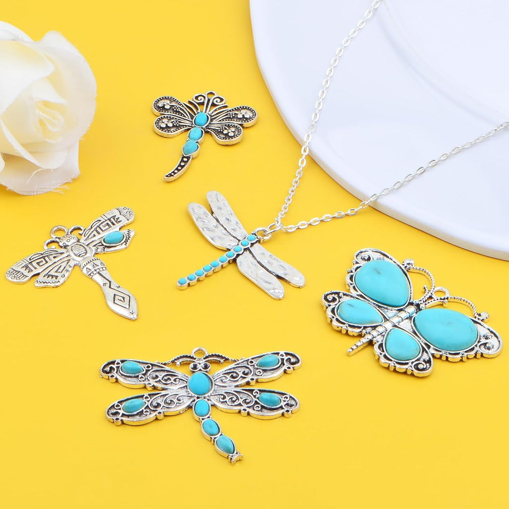 5pcs Turquoise Animal Dragonfly Butterfly Charms Vintage Alloy Mixed Flying Animal-shaped Dangle Pendants for DIY Necklaces Keychains Jewelry Making Crafting, 5 Styles