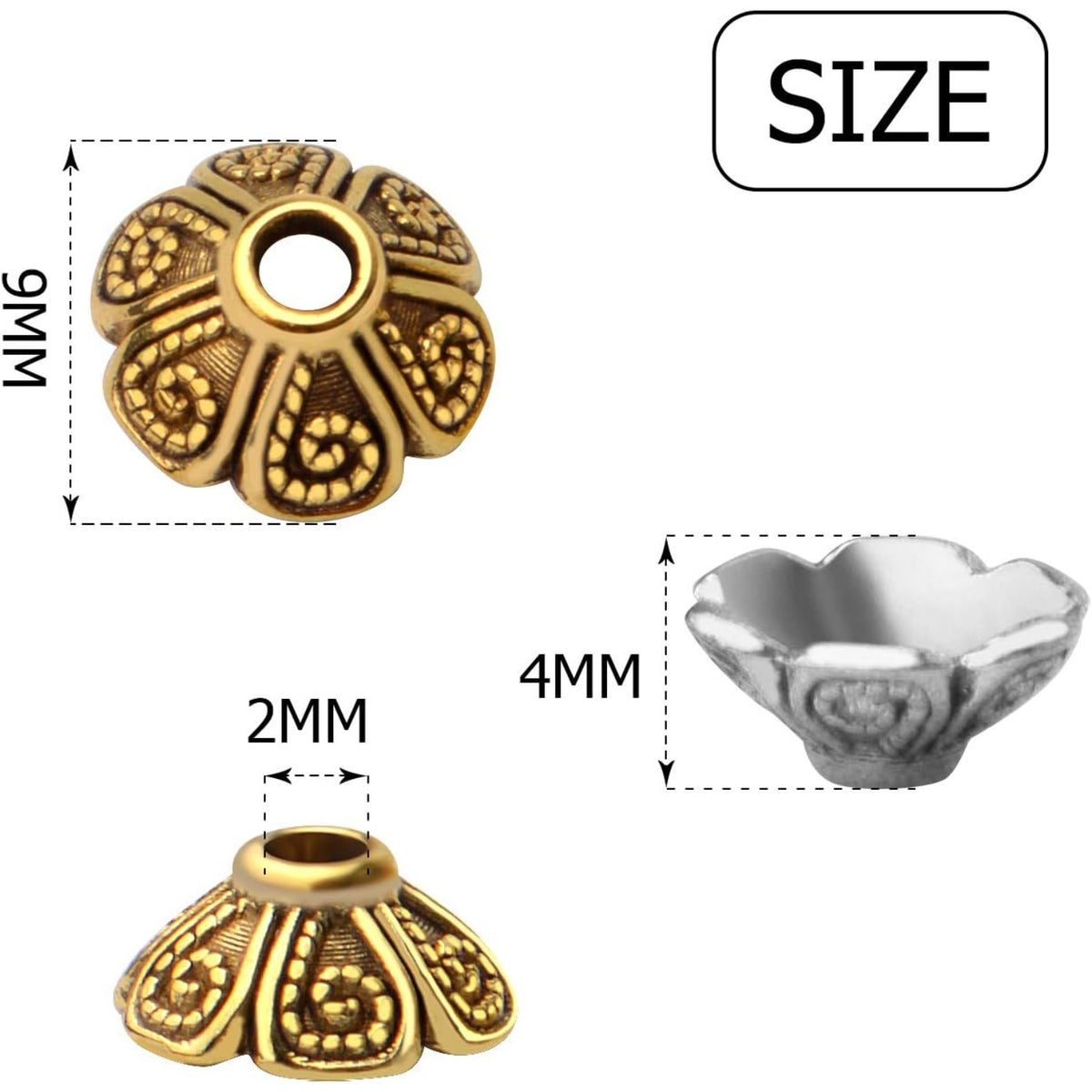100pcs 9mm Tibetan Style Alloy Flower Caps Spacer Bead Caps Flower Beads End Caps Spacer Caps with A Box for DIY Jewelry Crafts Making(Antique Silver and Antique Gold)
