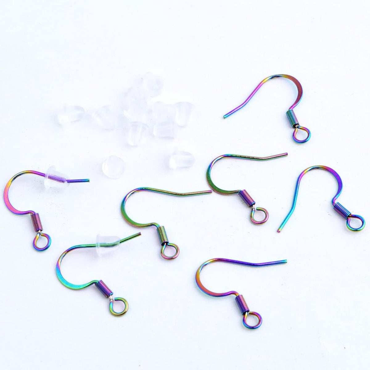 50pcs Stainless Steel Earring Hooks Hypoallergenic French Ear Wire Fish Hooks with 50pcs Clear Earring Safety Backs for DIY Earrings Jewelry Making Supplies, Rainbow Color