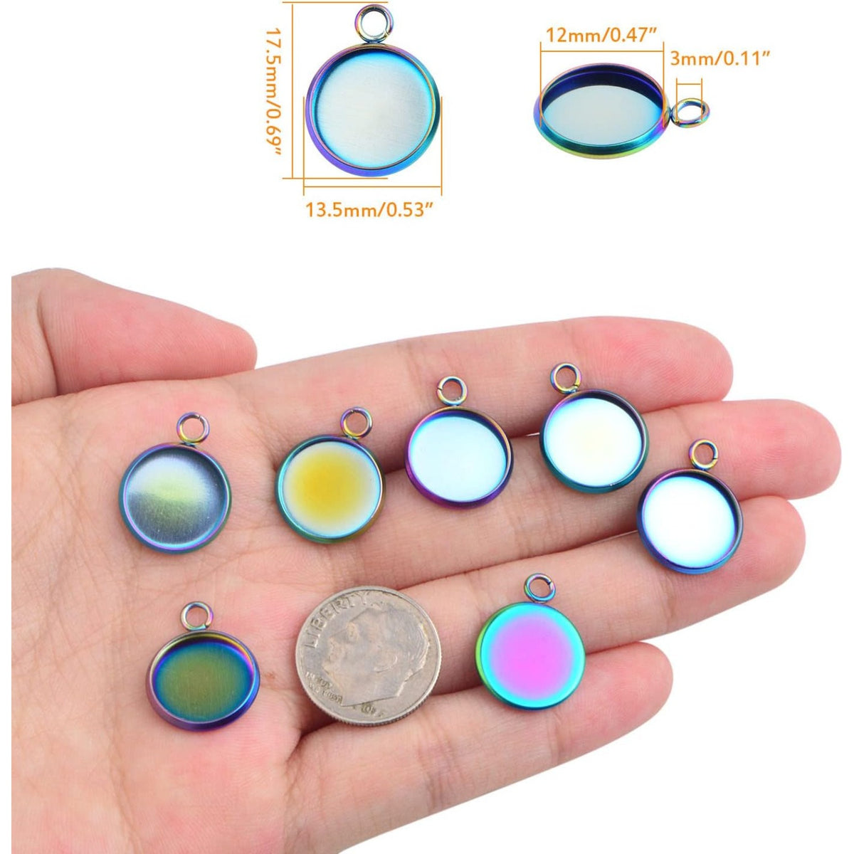 50 Pieces Stainless Steel Pendant Trays Cabochon Settings Fit 12 mm Round Blank Bezel Trays Pendant for DIY Necklace Earrings Jewelry Craft Making, Rainbow Color
