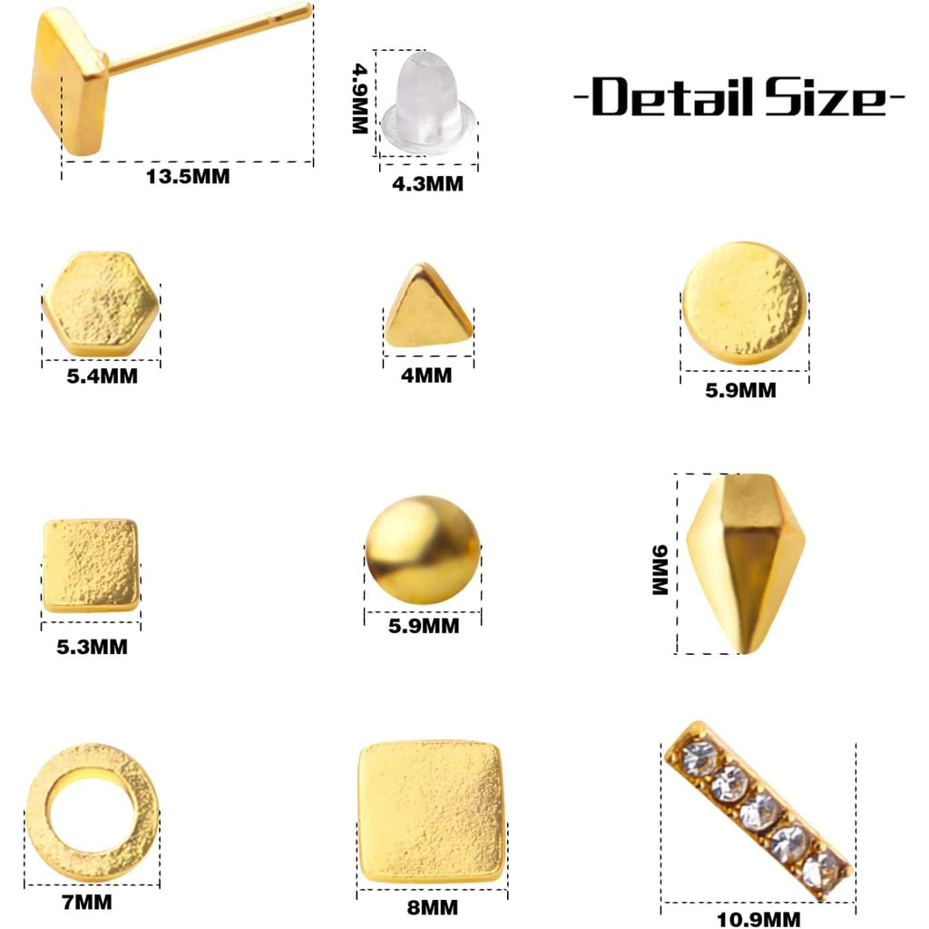 Stainless Steel Earring Studs Set,18 Pairs Gold Plated Earring Pin Studs Geometry Round Ball Cone Earring Post Studs with Clear Bullet Earring Backs for Women Men Ear Studs