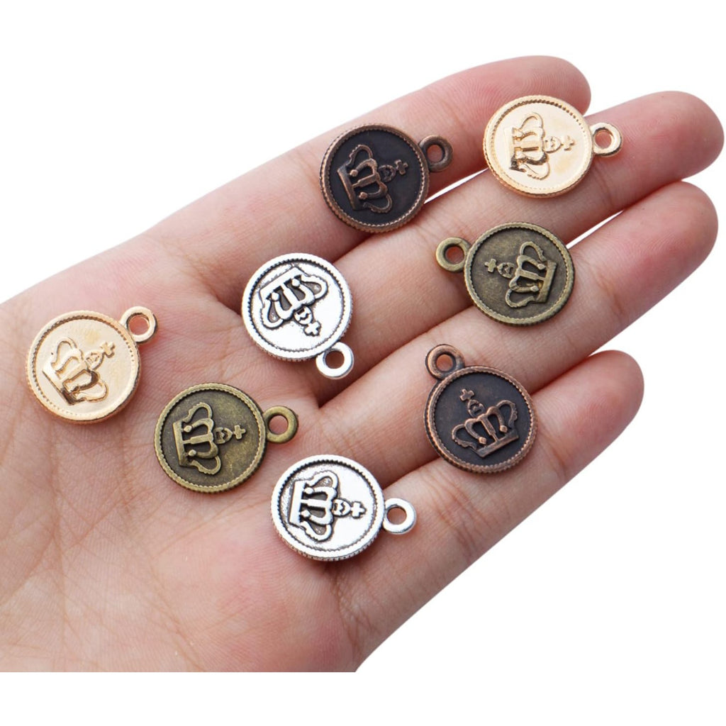 60pcs Crown Pendant Charm Alloy Round Crown Charms Beads King Charms Craft Supplies for DIY Necklace Bracelets Jewelry Pendant Making,4 Colors