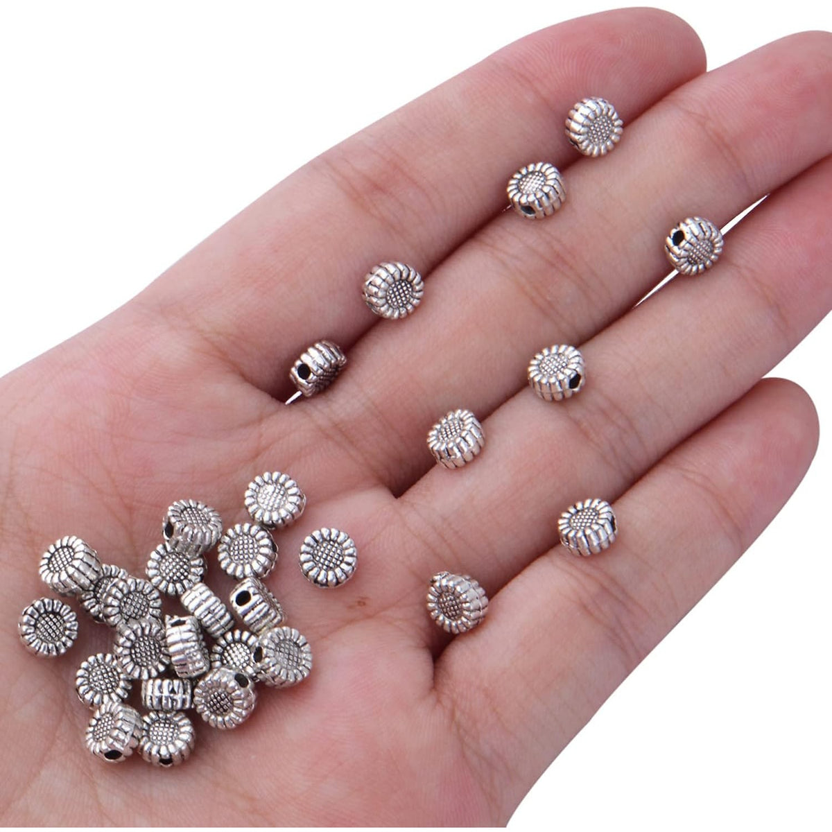 100pcs Antique Silver Sunflower Spacers Beads Tibetan Alloy Flower Bead Spacer Charm Beads Loose Bead Spacers for DIY Bracelet Necklace Jewelry Crafts Making Accessories