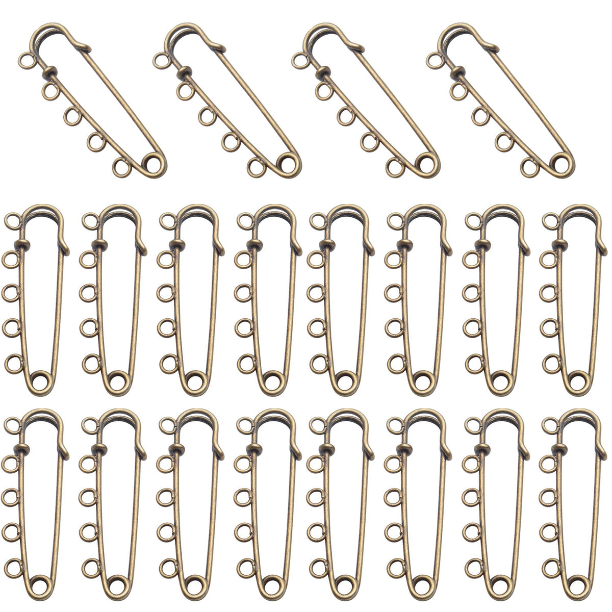 Heavy Duty Alloy Safety Pins - 20pcs Bulk Pack with 5 Loops - Gold, Silver, Antique Bronze, Rose Gold - 50x15mm