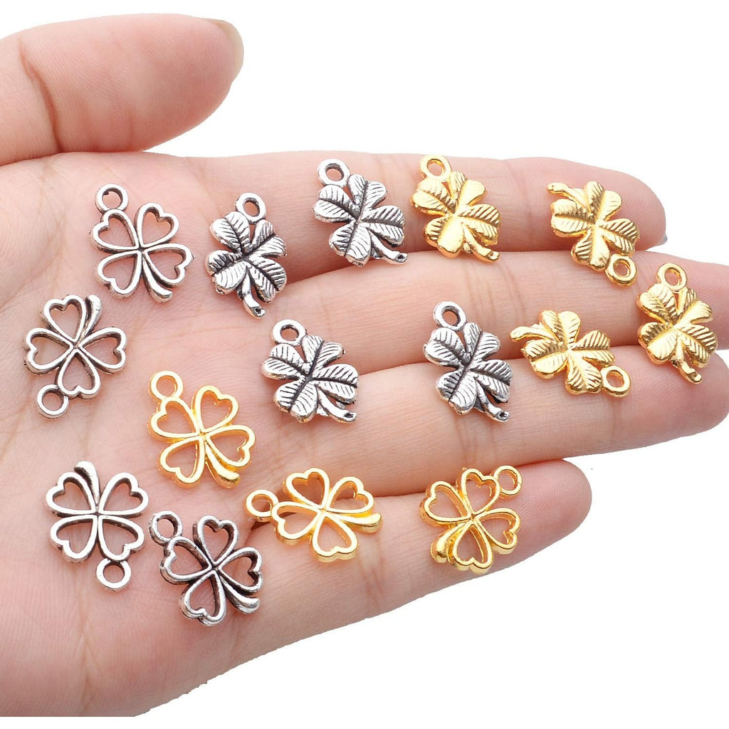 100pcs 2 Styles Alloy Four Leaf Clover Charms Lucky Charms Pendents for DIY Bracelet Necklace Jewelry Making Findings, Gold and Antique Silver