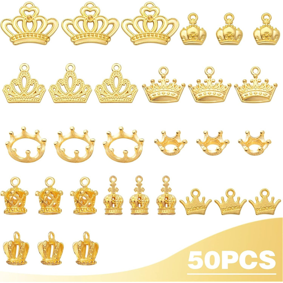 50pcs 10 Styles Crown Charms Pendants Alloy 3D Mini Lovely King Pendant Vintage Crown Bead Charms Jewelry Making Accessory for DIY Necklace Bracelet Earrings Crafts, Golden