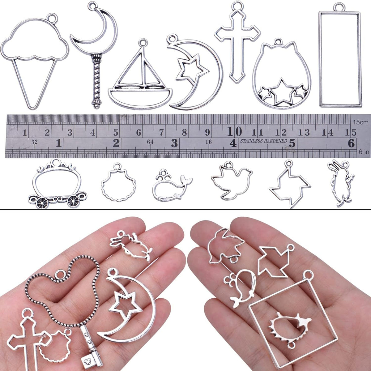 100g Antique Silver Bezel Charms Pendants Alloy Open Back Bezel Blanks Hollow Pressed Flower Frame Pendant Resin Molds for DIY Jewelry Crafts Making Necklace Earrings, Mixed Styles