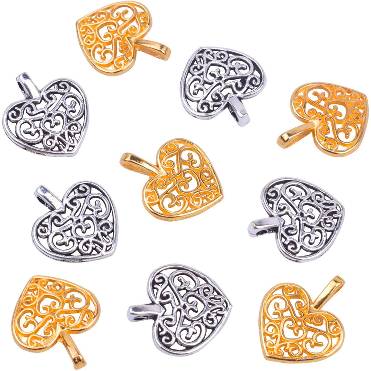 100 Pieces Heart Charms Pendants Metal Beads for Jewelry Making Bracelet Necklace,Antique Silver and Gold