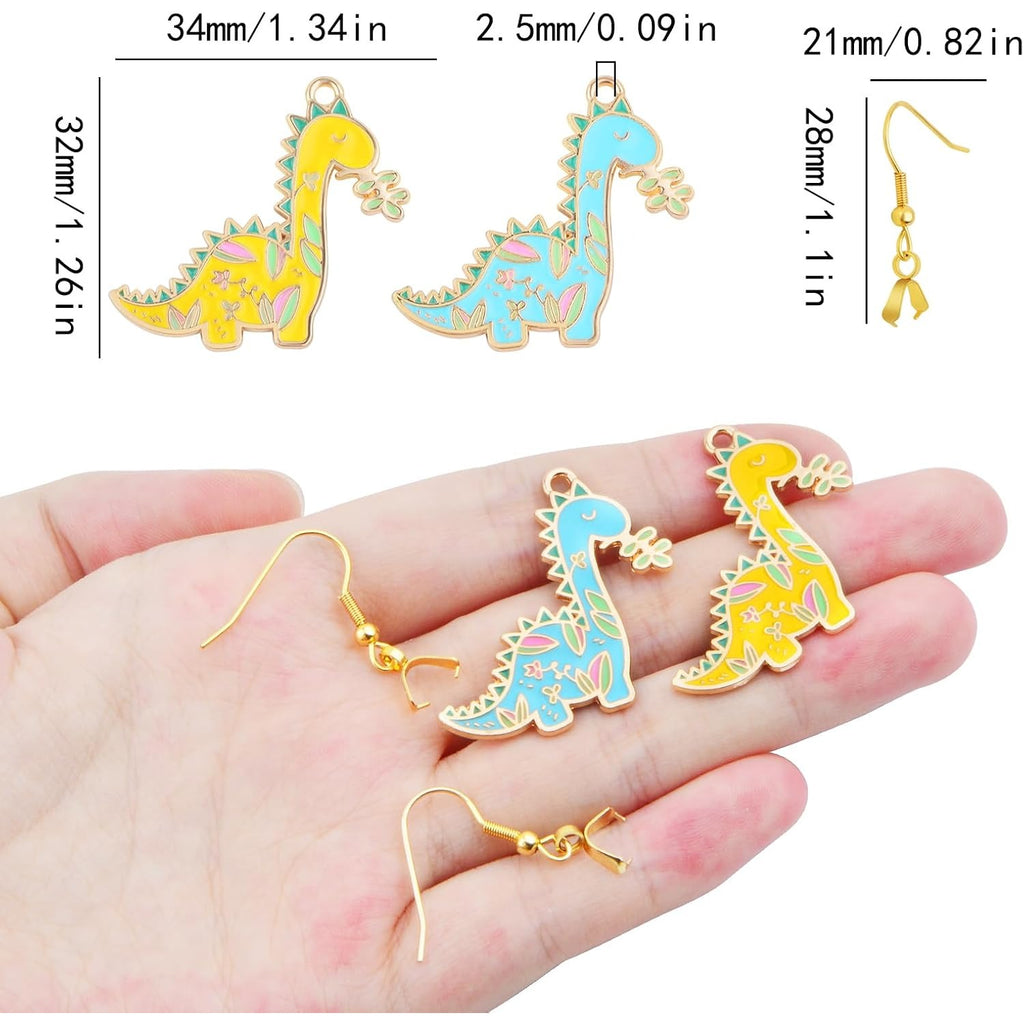 12pcs Golden Plated Colorful Enamel Dinosaur Pendant Charms and 12pcs Golden Hypoallergenic Earring Hooks for DIY Necklace Bracelet Dangle Earrings Jewelry Making