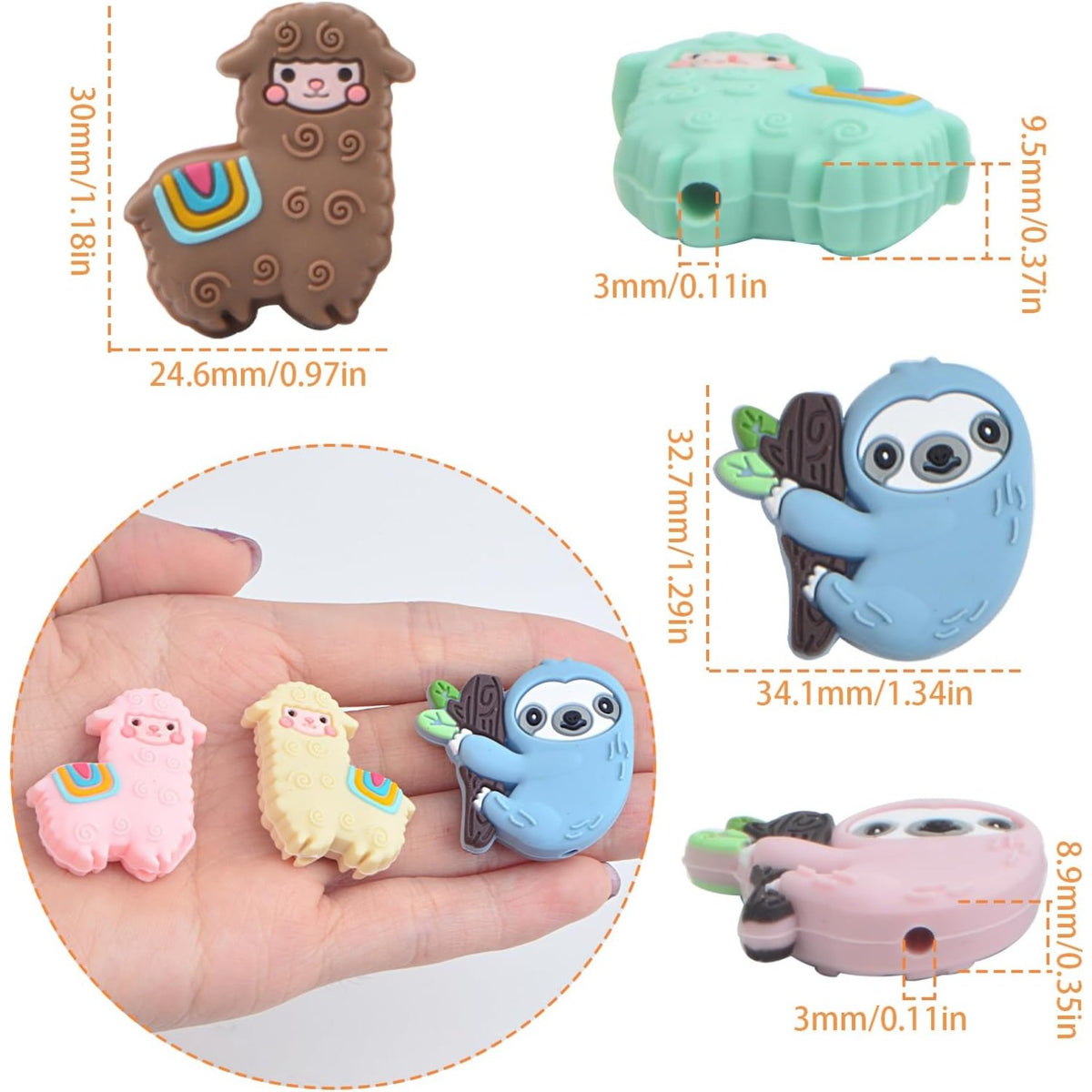9pcs Animal Shape Silicone Focal Beads for Pen, Colorful Alpaca Sloth Cartoon Silicone Beads Character Rubber Beads Bulk for DIY Bracelet Keychains Jewelry Making Craft Projects