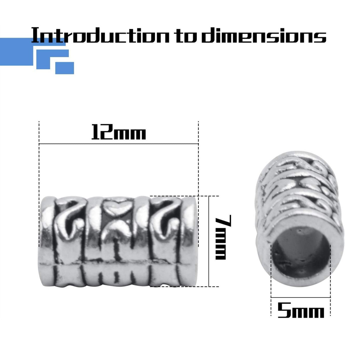 60pcs Tibetan Antique Silver Spacers European Large Hole Beads Charms Hollow Tube Bead Caps for DIY Dreadlocks Jewelry Crafts