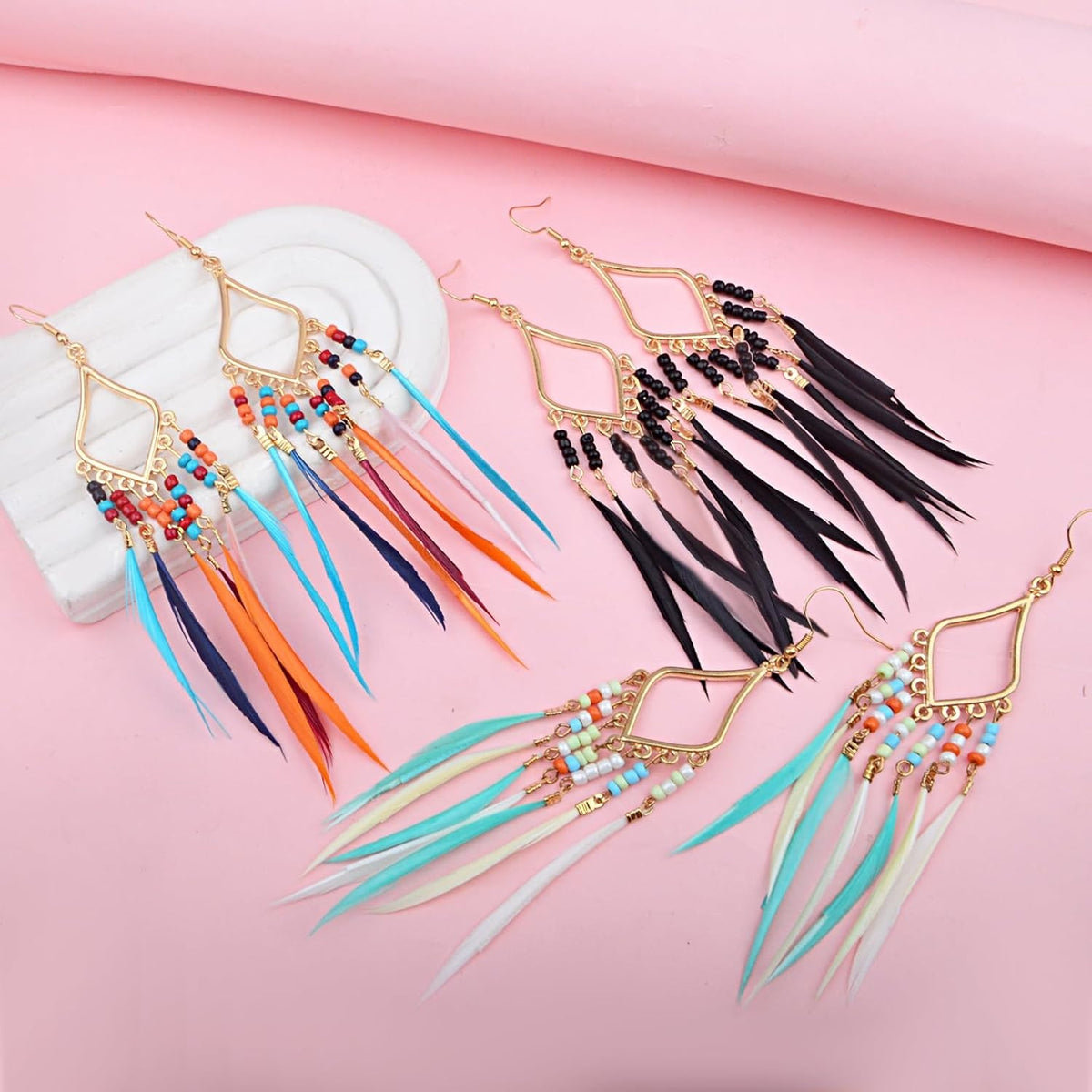 3 Pairs of Bohemian Earrings Set with Feather Tassel, Retro Boho Multicolor Long Fringe Tassels Feather Beaded Dangle Earring Hooks Jewelry for Women