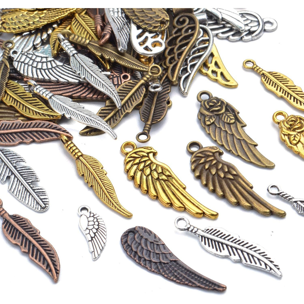 100 Pieces Mixed Colors alloy Angel Feather Wings Charms Pendants Jewelry Findings for DIY Necklace Bracelet