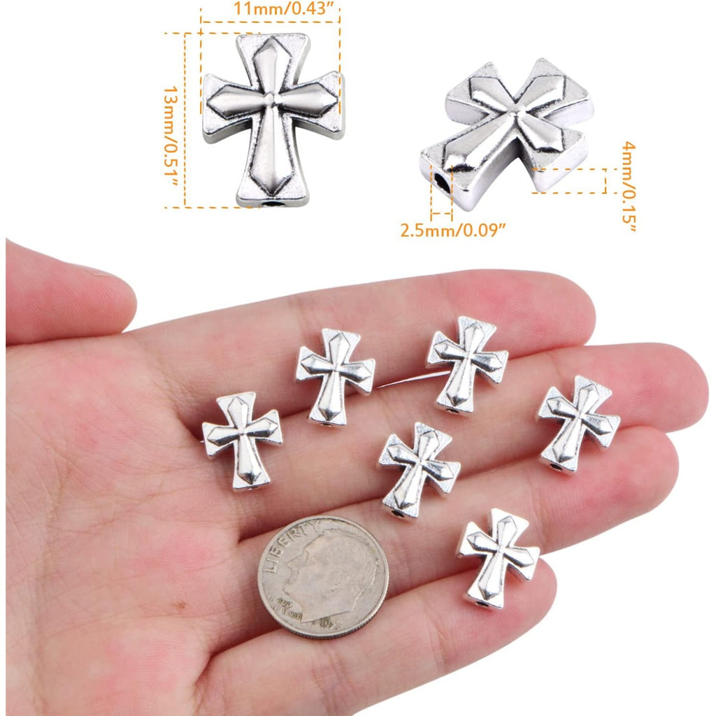 50pcs Antique Silver Cross Spacer Beads Tibetan Alloy Cross Crucifix Charm Beads with A Box Craft Supplies for DIY Jewelry Bracelet Jewelry Making, 13 mm × 11 mm