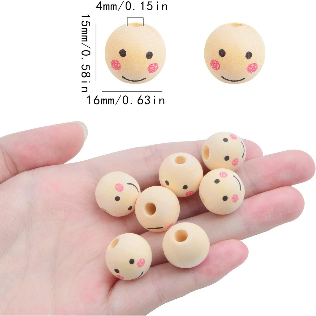 100pcs 16 mm Smile Face Natural Wood Beads Round Ball Smiley Wooden Spacer Beads Head Loose Crafts Beads for DIY Jewelry Making Chiristmas Tree Wreath Decoration, Hole: 4 mm