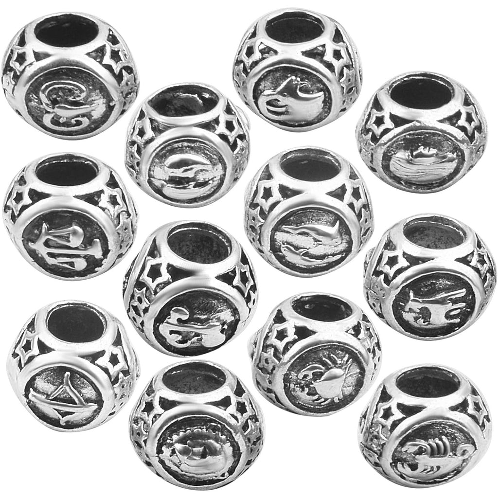 24pcs 12 Constellations Carved Beads Alloy European Large Hole Beads Lucky Charms Zodiac Loose Spacer Beads for DIY Bracelet Crafts Jewelry Making, Antique Silver