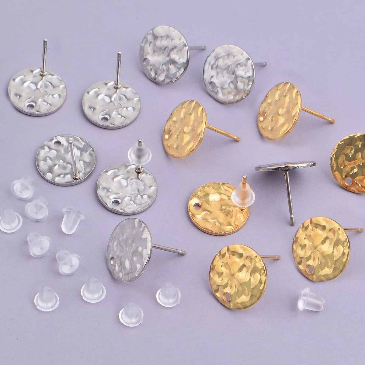 50pcs 12 mm Wavy Pattern Blank Flat Round Stud Earring Findings Stainless Steel Earring Posts with Loop and 50pcs Clear Silicone Earring Backs for DIY Jewelry Making, 2 Colors