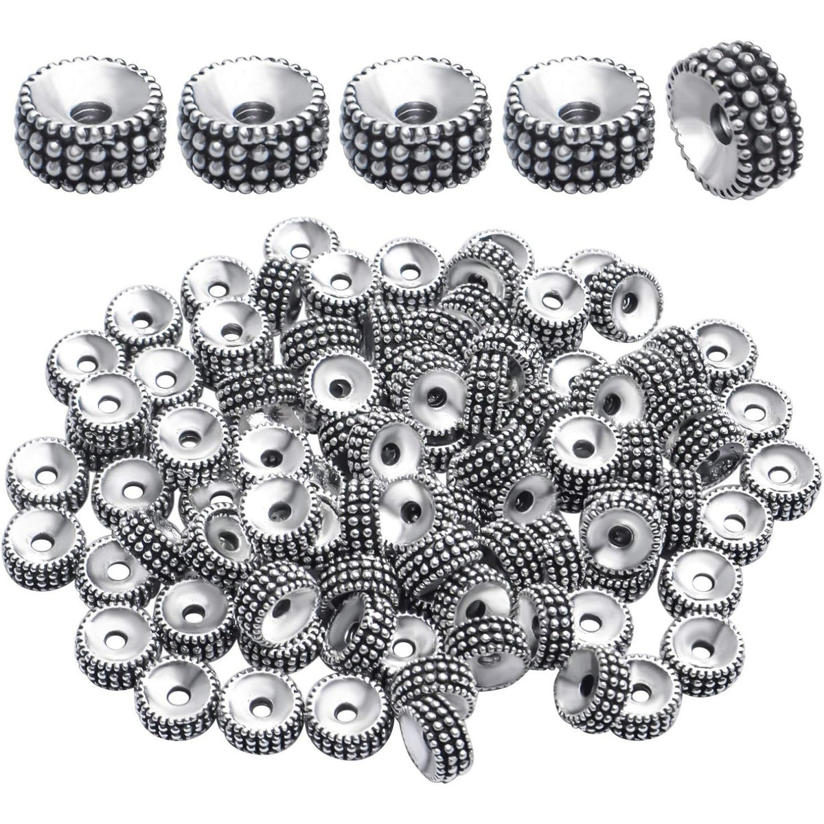 100pcs Silver Alloy Beads Loose Beads Rondelle Shiny Spacer Beads Tibetan Antique European Large Hole Spacers for Bracelet Necklace DIY Jewelry Making,7.5 * 3.5mm